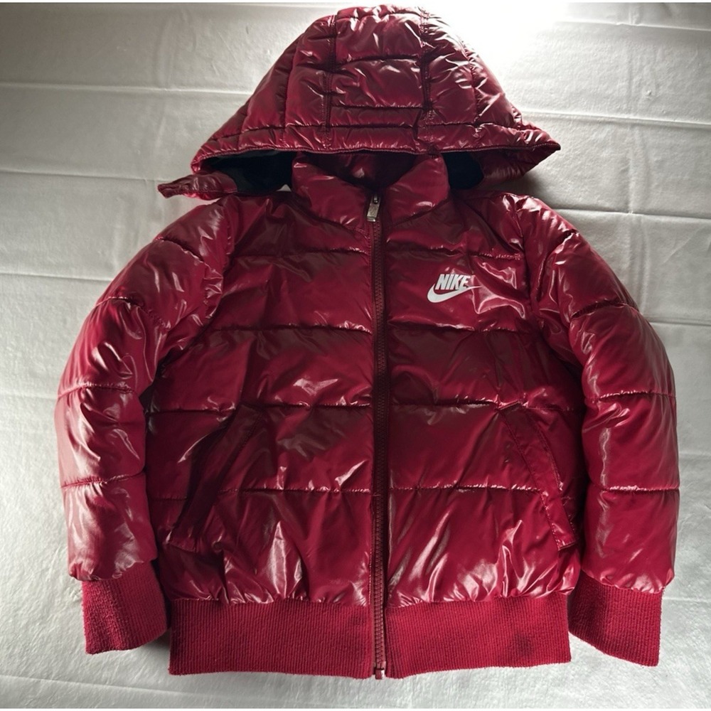 Nike Puffer Jacket Kids 4/5 Red Shiny Hooded Full Zip Winter Coat